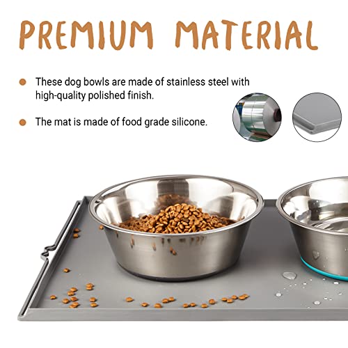 PEGGY11 Deep Stainless Steel Anti-Slip Dog Bowls with Silicone Mat - 2 Bowls + Mat, 2 Cups - size: 2 Cups