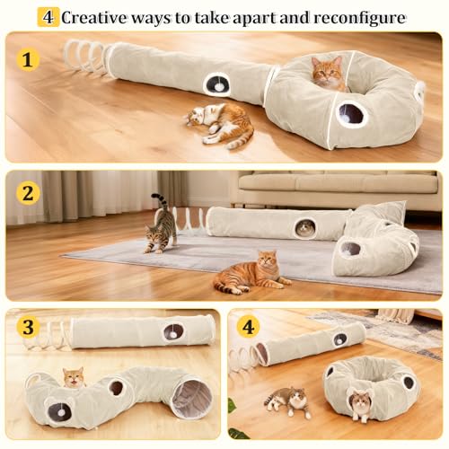 Ownpets 2-in-1 Cat Tunnel, Large Lollipop Shape Cat Tunnel Toy with Fluffy Balls, Spiral Toy, Plush Collapsible Cat Cave Hideout Donut Tunnel for Multi Kitten Puppy Rabbit (Beige) - color: Beige