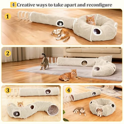 Ownpets 2-in-1 Cat Tunnel, Large Lollipop Shape Cat Tunnel Toy with Fluffy Balls, Spiral Toy, Plush Collapsible Cat Cave Hideout Donut Tunnel for Multi Kitten Puppy Rabbit (Beige) - color: Beige