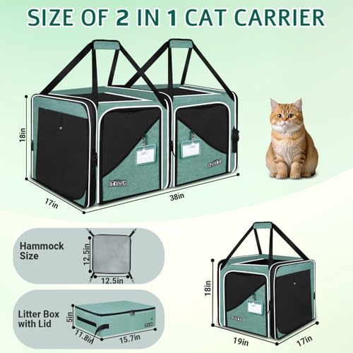 Petskd 2 in 1 Double Cat Car Travel Carrier with Litter Box, 38"x17"x18" Dual Extra Large Cat Carrier for Several Cats, Portable Cat Carrier with Zipper Locks for Longer Road Trips (Green)
