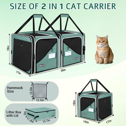 Petskd 2 in 1 Double Cat Car Travel Carrier with Litter Box, 38"x17"x18" Dual Extra Large Cat Carrier for Several Cats, Portable Cat Carrier with Zipper Locks for Longer Road Trips (Green)