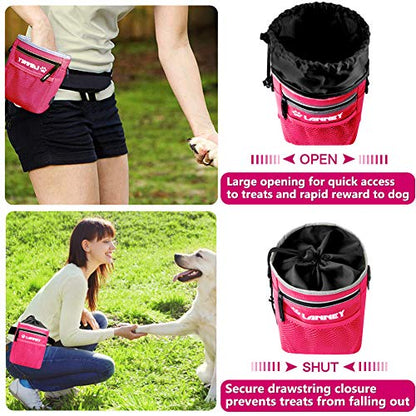 Dog Treat Pouch Pet Training Bag for Small to Large Dogs, Treat Tote Carry Kibble Snacks Toys for Training Reward Walking, Metal Clip, Waist belt, Shoulder Strap, Poop Bag Dispenser and Clicker - color: Pouch(Pink with Black)+Clicker