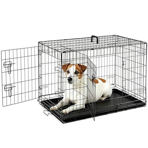 Sweetcrispy 36 Inch Dog Crate, Medium Crates Double Door Folding Metal Wire Dog Cage with Plastic Leak-Proof Pan Tray, Pet Kennel for Indoor, Outdoor, Travel - size: 36.6"L x 22.6"W x 24.2"H, style: Double Door