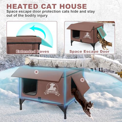 Heated Cat Houses for Outside Cats,Elevated Base Cat-Attracting Eave Design,Feral Stray Shelter Waterproof in Winter Garage Yard Porch,Cat Heated House for Indoor Outdoor(21" x 13" x 17")