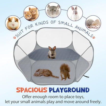 Pawaboo Small Animals Playpen with Pad, Waterproof Small Pet Cage Tent with Reusable Pad, Portable Outdoor Yard Fence for Chick/Kitten/Puppy/Guinea Pig/Rabbits/Chinchillas, Gray+Gray - color: Gray+Gray