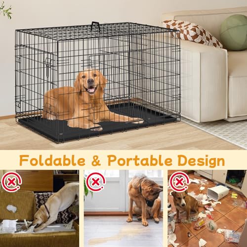 48 Inch Large Dog Crate, Wire Metal Dog Kennel with Double-Door, Divider & Leak-Proof Tray, Indoor Outdoor Foldable Travel Cage for Medium, Large Dogs