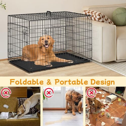 48 Inch Large Dog Crate, Wire Metal Dog Kennel with Double-Door, Divider & Leak-Proof Tray, Indoor Outdoor Foldable Travel Cage for Medium, Large Dogs