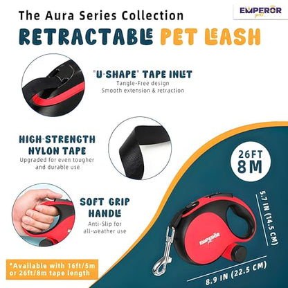 26 ft Retractable Dog Leash Red - Heavy Duty Retractable Pet Leash with Anti-Slip Grip for Medium to Large Dogs up to 110 lbs -Aura BR26 - color: Red, size: 26 ft