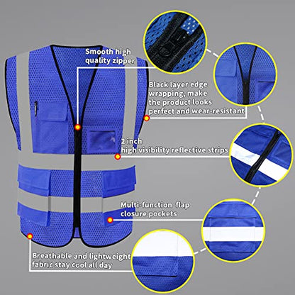 HYCOPROT High Visibility Mesh Safety Reflective Vest with Pockets and Zipper, Meets ANSI/ISEA Standards - color: Blue, size: Medium