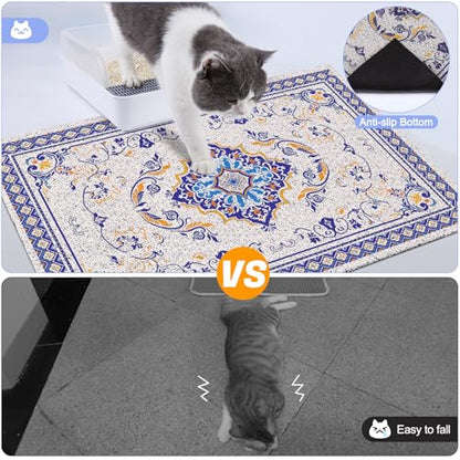 Glittme Cat Litter Mat with Non-Slip Bottom Litter Box Mat 24"x15" Litter Trapping Mat Easy to Clean Washable Cat Food Mat for Kitty,S - color: Blue, size: 24"x15"