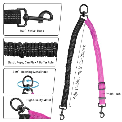 YAODHAOD Double Dog Leash,Two Dog Leash Splitter, No Tangle 360° Swivel Rotation Reflective Lead, Adjustable Length Bungee Heavy Duty Walking Training Dual Extension (Black + Rose red) - color: Black + Rose red