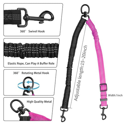 YAODHAOD Double Dog Leash,Two Dog Leash Splitter, No Tangle 360° Swivel Rotation Reflective Lead, Adjustable Length Bungee Heavy Duty Walking Training Dual Extension (Black + Rose red) - color: Black + Rose red