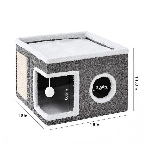 LUMIXA Large Cat Bed House & Hideaway - Warm Fluffy Indoor Cat Cave with Removable Washable Cushion, Non-Slip Bottom, Scratch Pad & Toy Ball for Big Cats/Kittens, Foldable Cat Condo (Grey) - color: grey