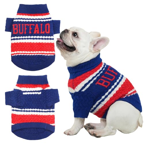Buffalo Small Dog Sweater Football Theme Turtleneck Knit Dog Sweaters for Small Pets Warm Winter Cat Dog Clothes - color: blue&red, size: Small