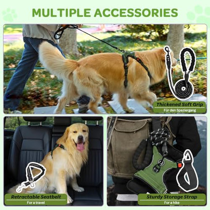 Plaid Dog Harness for Large Dogs, Reflective No Pull Adjustable Pet Vest with Front Clip, Leash, Easy Control Handle and Seat Belt, Army Green, L - color: Army-Green, size: Large