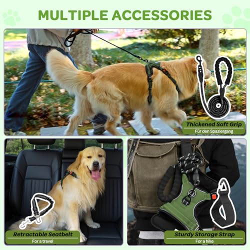 Plaid Dog Harness for Large Dogs, Reflective No Pull Adjustable Pet Vest with Front Clip, Leash, Easy Control Handle and Seat Belt, Army Green, XL - color: Army-Green, size: X-Large