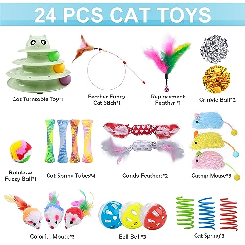 UPSKY 24 PCS Cat Toys, 3-Level Turntable Kitten Toys Set, Interactive Cat Roller Toys for Indoor Cats, Catnip Toys, Cat Teaser Toys, Mice Toys, Spring Toys, Various Ball Toys for Kitty - color: D-24PCS-Fruit Green