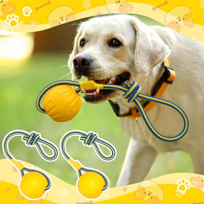 Hsei 2 Pcs Large Dog Ball on a Rope Rubber Dog Toy with Handle Ball Yellow Floats in Water for Tug Training Rewards Interactive Pet Fetch Catch Throw Outdoor Puppy Teething Medium Pet - size: Large