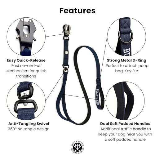 BULLYBREED | Heavy Duty Dog Leash, Tactical Dog Leash, Quick Release Frog Clip with Anti-Tangling Swivel System for Large Dogs that Pull with Soft Double Handles (5 FT Long, Navy Blue) - color: Navy Blue Double Handle