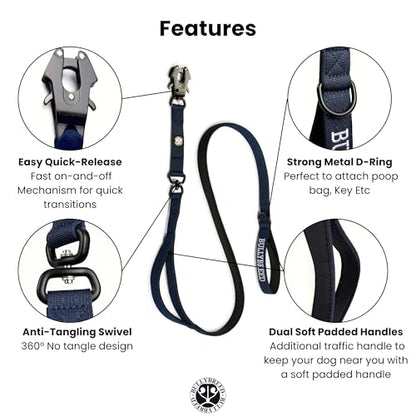 BULLYBREED | Heavy Duty Dog Leash, Tactical Dog Leash, Quick Release Frog Clip with Anti-Tangling Swivel System for Large Dogs that Pull with Soft Double Handles (5 FT Long, Navy Blue) - color: Navy Blue Double Handle