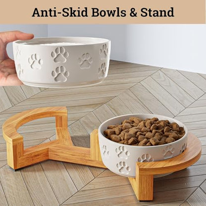 Ceramic Dog Bowls with Stand - Small Dog Bowl Set with Stand Non-Slip - 2 Ceramic Dishes with Anti-Skid Bamboo Stand for Small Dogs - Elevated Dog Bowls Set of 2 - Raised Pet Feeding Station - color: White with Stand, size: Small