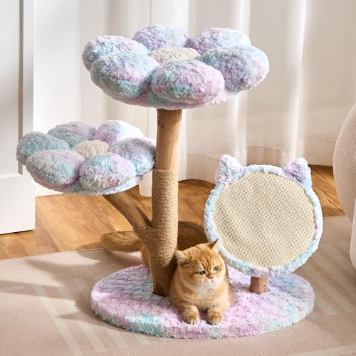 Modern Natural Solid Wood Cat Tree Tower for Indoor Cats Large Adult, 30 inch Flower Cat Tree with Scratching Post, Luxury Aesthetic Cat Tree with Cloud-Soft Flower Perches and Sisal Scratching Pad - color: pastel blue, size: 30 inch-Cat Scratcher