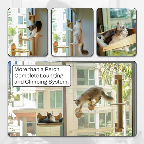 4-in-1 Window & Wall Mount Cat Wall Shelves – Hammock, Scratching Post & Perch | Fits up to 40 lbs | Space-Saving Pet Furniture for Windows, Glass & Drywall | Modern Wood Cat Shelf Set