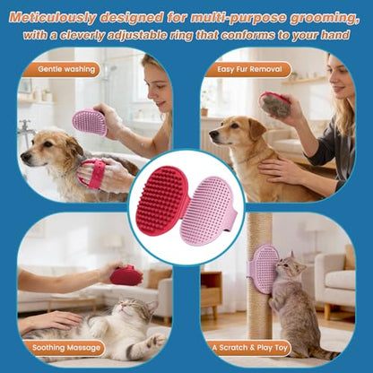 7-Piece Pet Grooming Kit with Storage Bag | Portable Bathing Set for Dogs & Cats | Includes Silicone Gloves, Deshedding Brushes & Finger Toothbrushes | All-in-One Pet Care (Pink) - color: Cherry Blossom Pink