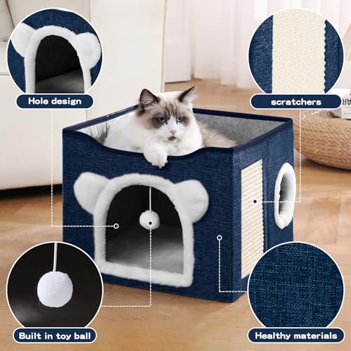 Cat House for Indoor Cats, Large Cat Bed Cave with Scratch Pad and Fluffy Ball, Foldable Cat Hideaway Condo, Kitten Bed, 16x16x13inch (Blue, Large) - color: Blue
