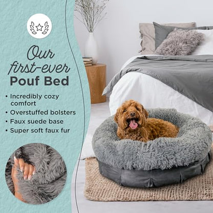 Best Friends by Sheri Ultra Calming Pouf Bed, Orthopedic Round Dog Bed for Joint Support, Faux Fur, Washable Cover, Tan, Medium, 30"x30" - color: Gray, style: Medium