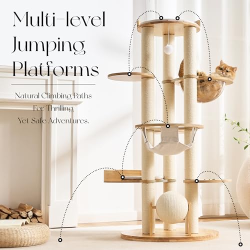 797Audio Modern Solid Wood Cat Tree Tower, 54" Tall Cat Tree with Scratching Posts, Capsule&Hammock, Luxury Natural Oak Wood Cat Tower, Aesthetic Multi-Level Cat Climbing Tree for Large Indoor Cats - color: 54 Inch-Scratch Ball