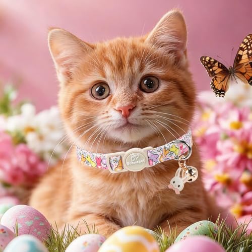 2 Pack Easter Cat Collars - Pastel Bunny&Egg Print Breakaway Easter Cat Collar with Bell & Bunny Pendant, Adjustable Cute Spring Holiday Kitten Collars for Boy Girl Cats - color: Pastel Bunny&Egg