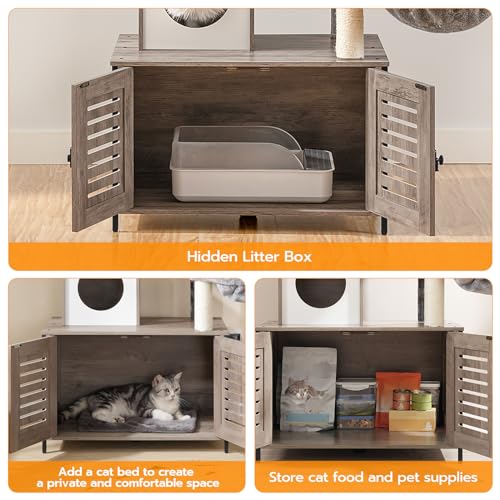 HOOBRO Cat Tree with Litter Box Enclosure, 27.6" L x 18.9" W x 52" H, All-in-One Wooden Cat Tower, Cat Furniture for Indoor Cats, Cat Condo with Hammock, Detachable Teaser Sticks, Greige BG14MZ03 - color: Greige