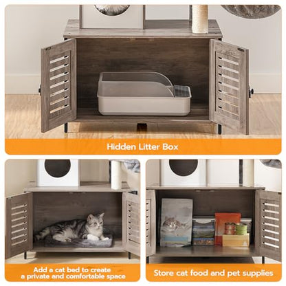 HOOBRO Cat Tree with Litter Box Enclosure, 27.6" L x 18.9" W x 52" H, All-in-One Wooden Cat Tower, Cat Furniture for Indoor Cats, Cat Condo with Hammock, Detachable Teaser Sticks, Greige BG14MZ03 - color: Greige
