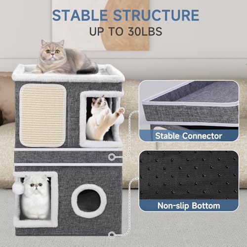 Shikha 2-Storey Cat Houses for Indoor Cats, Dual-Purpose Double Large Cat Beds Cave with Hideaway Condos, Scratch Pads, Fluffy Balls, Foldable Indoor Cat Cube House for Multi Small Pets Kitten, Grey - style: Grey