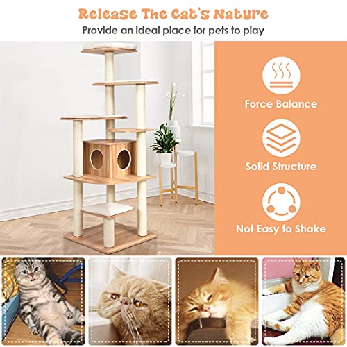 Tangkula Tall Cat Tree, 69-Inch Modern Cat Tower with Sisal Rope Scratching Posts, Wood Cat Tree with Multi-Layer Platform, Cat Condo Furniture with Washable Cushions for Indoor Cats Large Adult - color: Natural