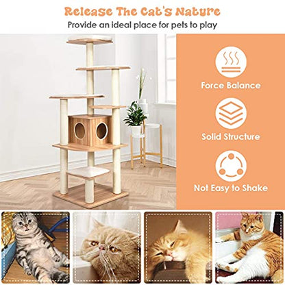 Tangkula Tall Cat Tree, 69-Inch Modern Cat Tower with Sisal Rope Scratching Posts, Wood Cat Tree with Multi-Layer Platform, Cat Condo Furniture with Washable Cushions for Indoor Cats Large Adult - color: Natural