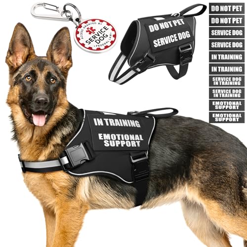 Service Dog Vest Harness+ID Tag+10 Patches,Metal Serivce Dog Tag&Reflective Emotional Support Dog Vest with Handle for Large Dogs,Easy Put On/Off for Training/Walking/Everyday Black XL - color: Black, size: XL
