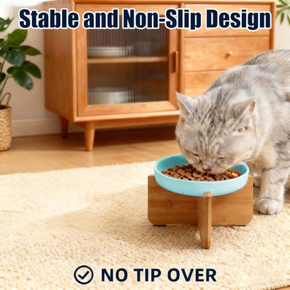 Shallow Elevated Cat Bowls with Bamboo Stand, 6.1 Inch Wide Ceramic Cat Dish Whisker Friendly, 2 Pack Pet Food and Water Plates - color: Blue 2 pack