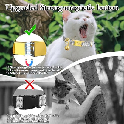 Personalized Breakaway Cat Collars - Magnetic Buckle, Bell - Safety Quick Release, Customized for Girls & Boys Cats- (Houndstooth-Grey) - color: Houndstooth-Grey