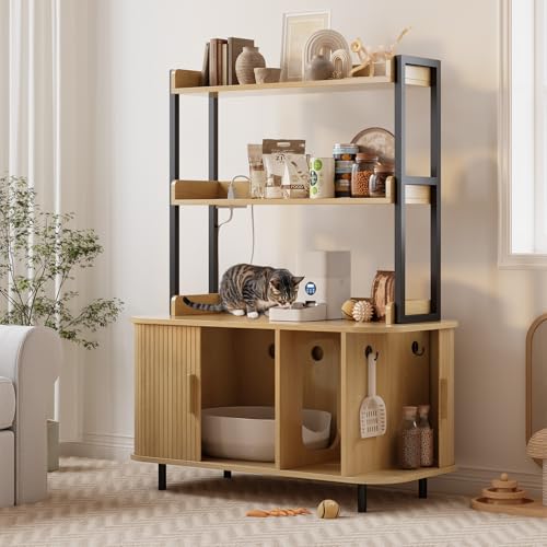 ONBRILL 54 Inch Hidden Litter Box Furniture with Shelves and Outlets,Fluted Cat Litter Box Enclosure, Mid-Century Modern Wooden Cat House with Sliding Tambour Door and Hooks, Oak - color: Oak