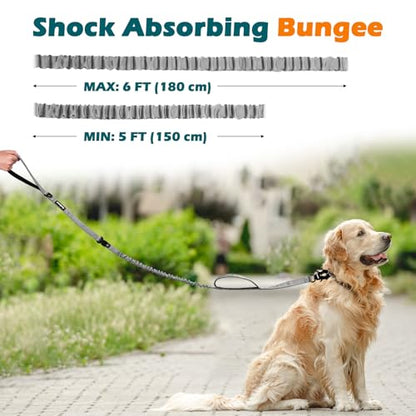 Heavy Duty Tactical Dog Leash, 5 FT Bungee Shock Absorption Leash with 2 Padded Handles, Quick Release Metal Clip, Car Seatbelt, No Pull Training Lead for Large Medium Dogs（Grey） - color: Grey
