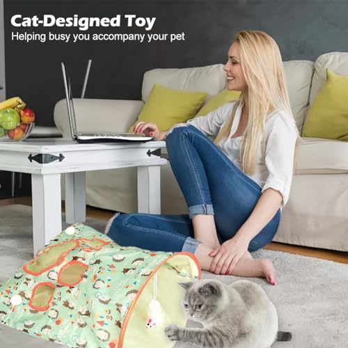 SYCOOVEN Cat Tunnel Bag for Indoor Cats, Pet Collapsible Tunnel Crinkle Sack Bag with 1 Little Mouse & Toy Ball, Crinkle Paper Interactive Cat Toys Hide and Seek(Green Pattern) - color: green pattern