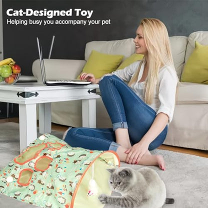 SYCOOVEN Cat Tunnel Bag for Indoor Cats, Pet Collapsible Tunnel Crinkle Sack Bag with 1 Little Mouse & Toy Ball, Crinkle Paper Interactive Cat Toys Hide and Seek(Green Pattern) - color: green pattern