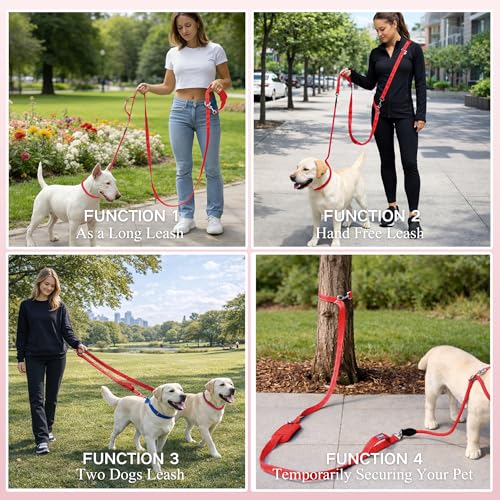 10FT Hands Free Dog Leash for Small Medium Large Dogs, Heavy Duty Reflective Dog Leash with Traffic Handle, Seat Belt Buckle & Poop Bag Holder (Red) - color: Red, size: 10FT