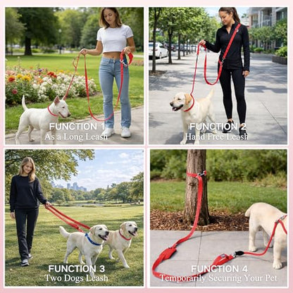 10FT Hands Free Dog Leash for Small Medium Large Dogs, Heavy Duty Reflective Dog Leash with Traffic Handle, Seat Belt Buckle & Poop Bag Holder (Red) - color: Red, size: 10FT