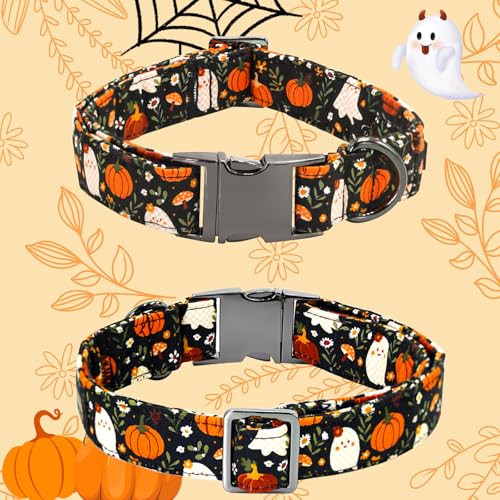 Halloween Dog Collar, Ghost Print Adjustable Pet Collar Fall Pumpkin Cute Cotton Soft Collars with Flower Tie Fall Metal Buckle Holiday Puppy Collars Boy&Girl Gift for X-Small Dogs - color: B:Ghost and Pumpkin, size: X-Small (Pack of 1)
