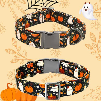 Halloween Dog Collar, Ghost Print Adjustable Pet Collar Fall Pumpkin Cute Cotton Soft Collars with Flower Tie Fall Metal Buckle Holiday Puppy Collars Boy&Girl Gift for X-Small Dogs - color: B:Ghost and Pumpkin, size: X-Small (Pack of 1)