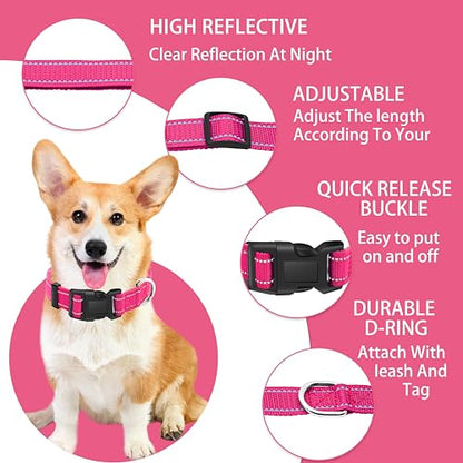 Reflective Dog Collar with Safety Locking Buckle, Adjustable Soft Breathable Nylon Collars for Small, Medium and Large Dogs(Collar+Leash XS Width 3/8" Hotpink) - color: Hotpink, size: XX-Small (Width 3/8")