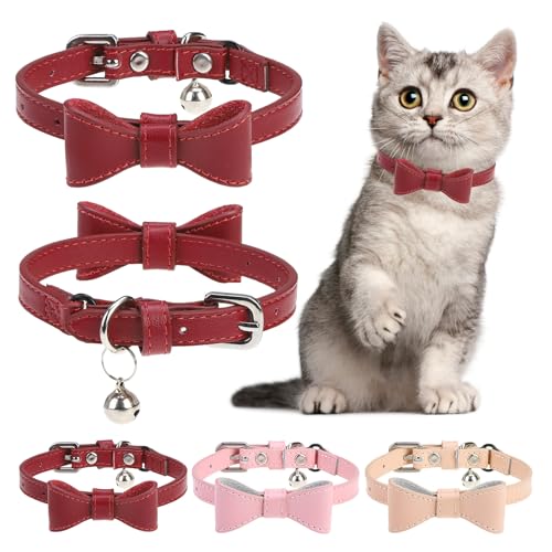 Leather Cat Collar with Bells, Cute Cat Bowtie Collar for Boy Girl Cats, Personalized Bow Tie Kitten Collars with Adjustable Safe Buckle for Kitty Small Big Cats Size 8-12 Inch, Burgundy - color: WineRed(Bowknot), size: 8"-11" Cats / Mini Dogs(Pack of 1)